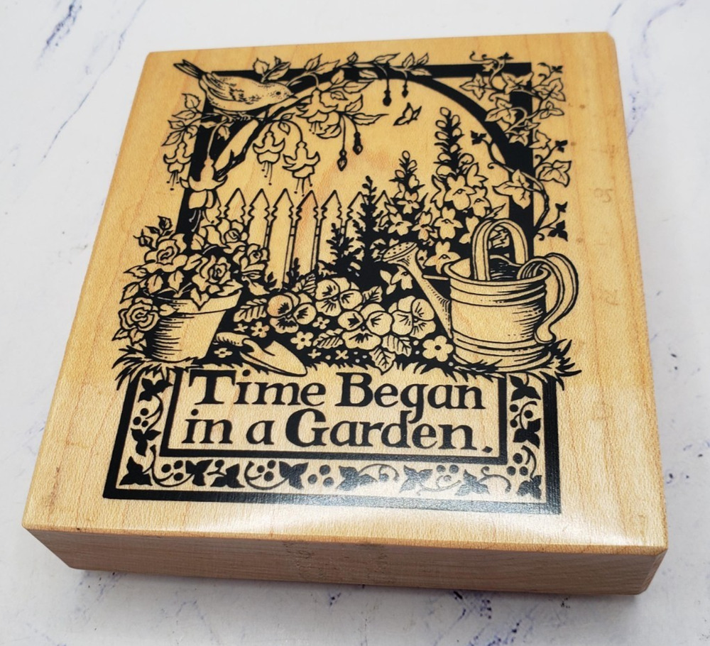 PSX Time Began in a Garden Mounted Rubber Stamp #K-1418 Flowers, Garden